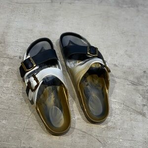 Birkenstock Two-Tone grey, gold and White Slide Sandals with Gold Buckles